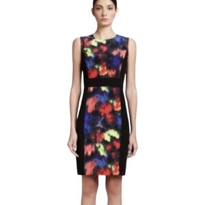 St. John Silk Black Multicolor Watercolor Print Sleeveless Sheath Midi Dress  10